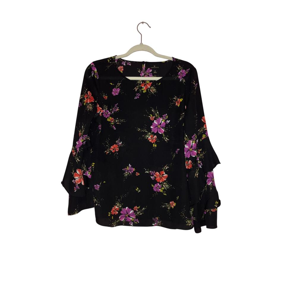 Worthington Black Purple Floral Flowy Bell Sleeve Blouse Small